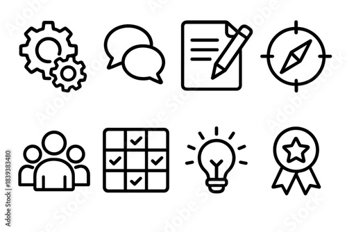 Collaborative Team Icons. Group Synergy Kit linear set: collaborative gears, feedback bubbles, co-edit sheet, alignment compass, team roster, task matrix, initiative spark, outcome