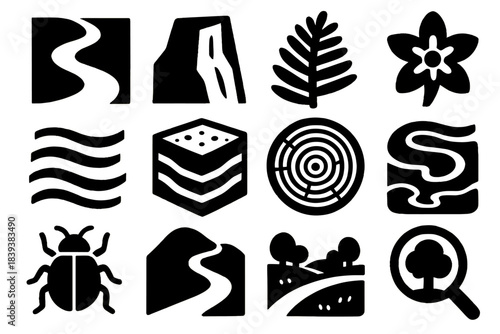 Brutalist Nature Icons. Natural World Observations silhouette set: river bend, cliff face, woodland fern, alpine flower, gentle breeze lines, earth layers icon, tree ring, lagoon