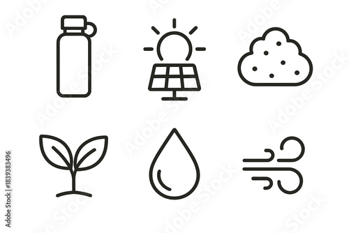 Eco-Friendly Icon Set. Green Living Concepts linear set: reusable bottle, solar ray icon, compost mound, leafy sprout, clean water drop, gentle wind swirl.