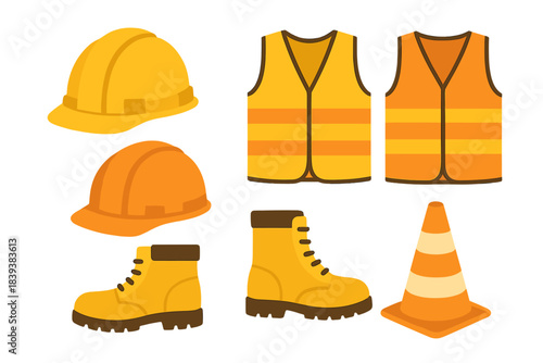 Construction safety gear icons: hard hats, vests, boots, and traffic cone set