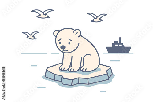 Melting ice floe with stranded polar bear and distant ship