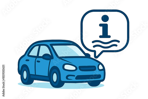Blue passenger vehicle next to information speech bubble icon