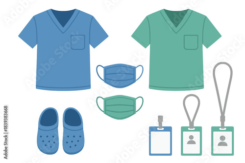 Set of medical uniform scrubs face masks shoes and identification badges