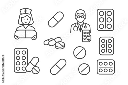 Medical professional icons with various pharmaceutical pills and blister packs
