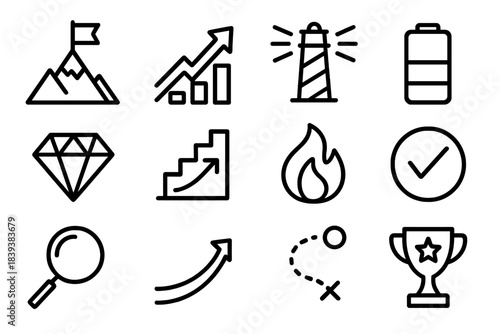 Symbols of Achievement. Achievement Drive linear set: mountain peak flag, growth arrow, bright beacon, effort bar, aspiration diamond, structured steps, determination flame,