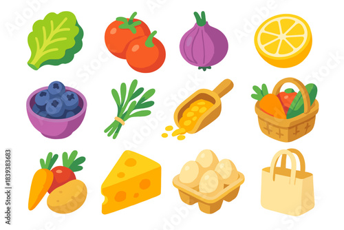 Colorful Market Icons. Produce & Market Items isometric flat set: lettuce leaf, tomato pair, onion bulb, citrus half, berry bowl, herb bundle, grain scoop, vegetable basket, root