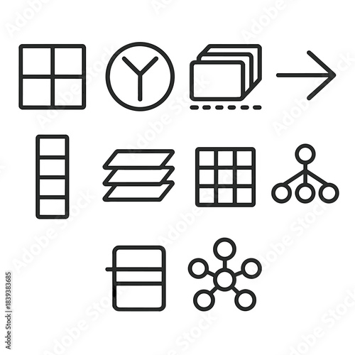 Machine Learning Icons. Machine memory components linear set: embedding unit, attention head icon, memory buffer, retrieval arrow, token cell, layer stack, feature map, recall node