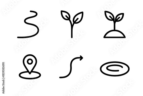 Icons of Life Paths. Life Transition Routes linear set: winding trail, decision leaf, growth sprout, calm waypoint, turning curve, reflective pool.