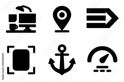 Brutalist Productivity Icons. Productivity-Enhancing Layouts silhouette set: organized workstation, mindful cue marker, clear-task lane, low-distraction field, focus anchor icon,