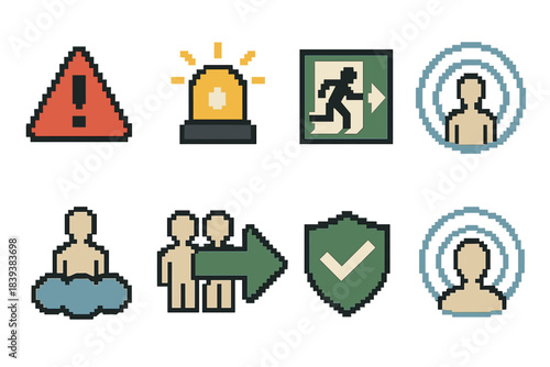 Pixel Art Safety Icons. Personal Safety Indicators pixel style set: alert triangle, attention beacon, exit route sign, proximity ring, calm breath icon, crowd flow arrow, secure