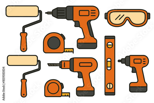 Set of orange and black construction and painting equipment icons
