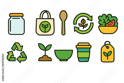Eco-friendly lifestyle icon set. Flat icons for sustainability and green living essentials.
