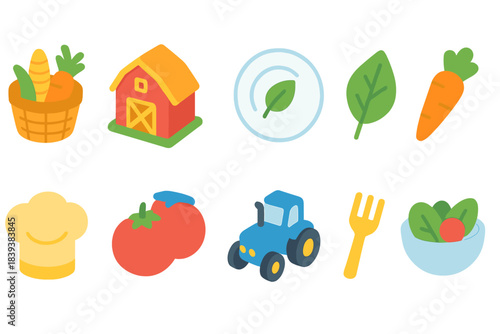 Farming and agriculture flat icon set. Harvest, farming tools, vegetables collection.