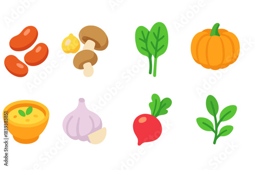 Vegetables and food flat icon set. Fresh veggies, soup, mushrooms icons collection