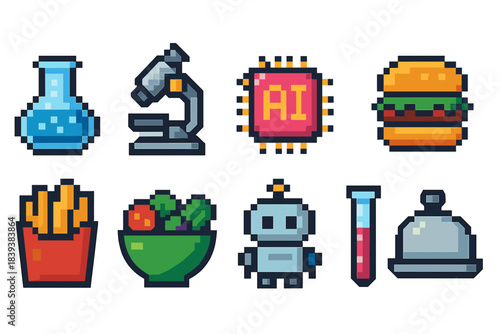 Pixel art icon set with science, food, and technology. Retro 8-bit style icons.