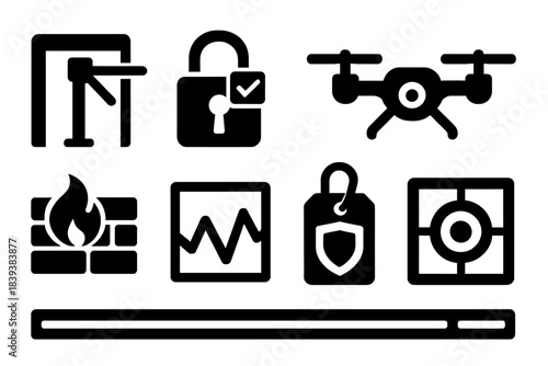 Brutalist Security Icons. Operational Security Network silhouette set: controlled entry turnstile, smart lock module, industrial firewall tile, anomaly detection graph,