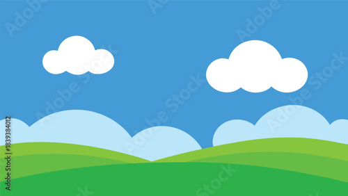 Simple cartoon landscape with green hills and fluffy white clouds