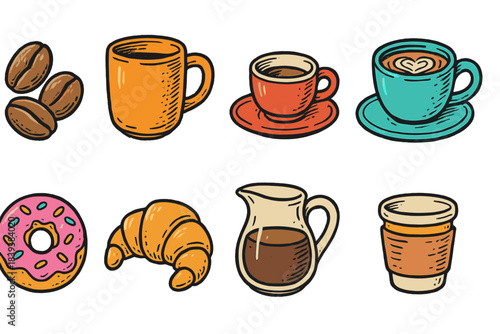 Coffee and breakfast doodle icon set. Delicious food and drink outline icons collection