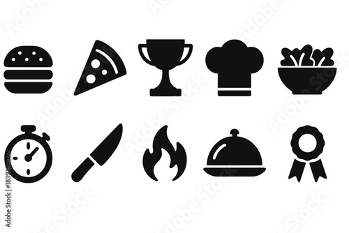 Food and cooking solid icon set. Meal preparation, culinary tools silhouette icons