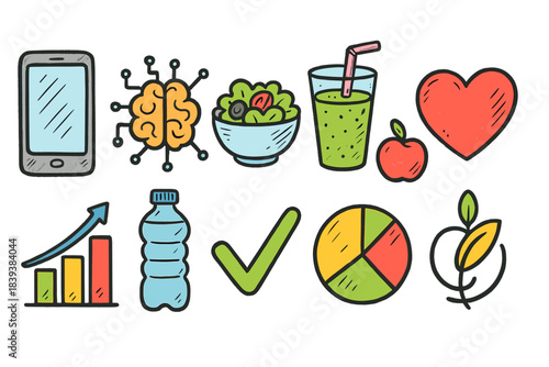 Healthy lifestyle icon set. Flat fitness, wellness, nutrition icons collection