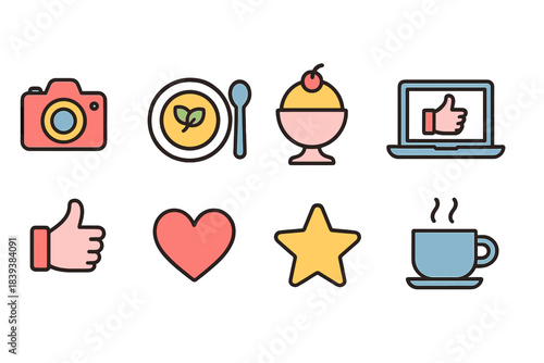 Social media flat icon set featuring food, technology, and lifestyle symbols