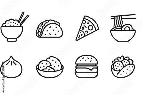 Food and cuisine icon set. Delicious meals outline icons for culinary projects