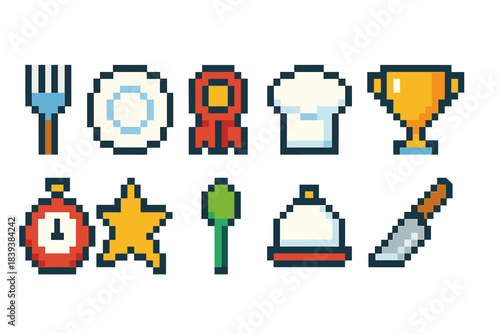 Food and cooking pixel icon set. Culinary, kitchen tools, dining icons in pixel art