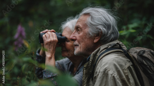 Senior couple exploring nature while birdwatching with binoculars.