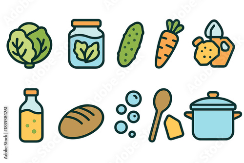 Vegetables, pantry flat icon set. Healthy food, cooking ingredients flat icons.