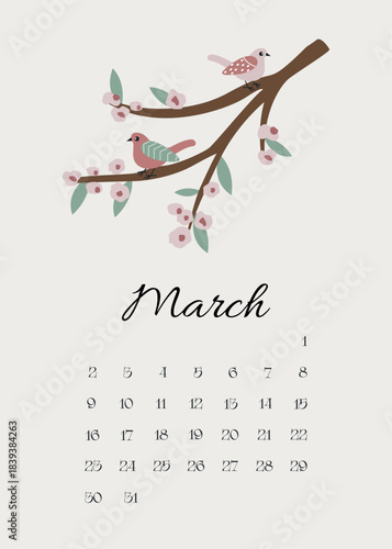The month of March Calendar of the month of March 2026 birds on branch on the background Vector illustration