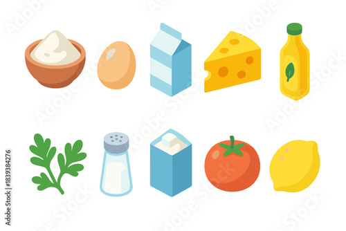 Food ingredients flat icon set. Cooking, grocery icons collection for kitchen