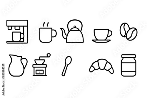 Coffee and breakfast line icon set. Morning routine essential outline icons collection