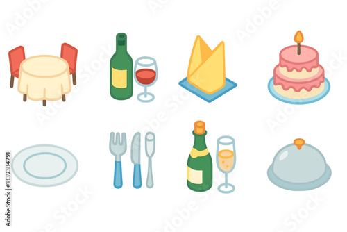 Dining and celebration flat icon set. Dining, party, cake, tableware icons collection