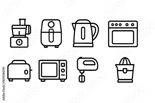 Kitchen appliances line icon set. Essential cooking tools and gadgets outline collection.
