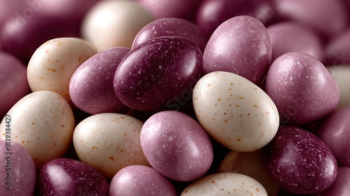   A pile of chocolate eggs with speckled white and pink eggs on top of each other is in the center of the eggs