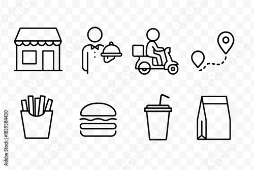 Food delivery line icon set. Fast food, restaurant, mobile ordering symbols