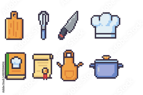 Cooking essentials flat icon set. Kitchen, utensils, and chef tools flat collection.