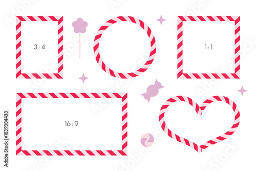 A collection of sweet Christmas and New Year frames or borders in form of candy cane. The formats offered are: a heart, a circle, a square, 3:4 and 16:9. Use them for your own decoration.