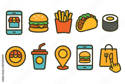 Food delivery, fast food icon set. Linear style, mobile ordering and restaurant symbols