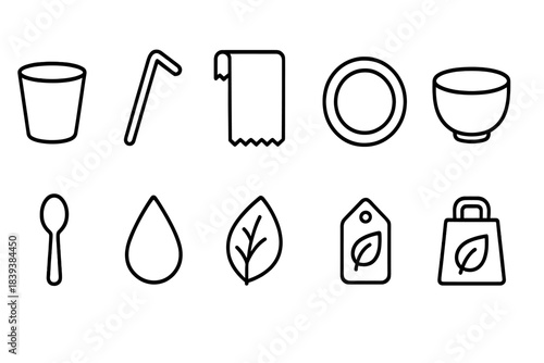 Eco-friendly kitchen outline icon set. Reusable and sustainable kitchen essentials.