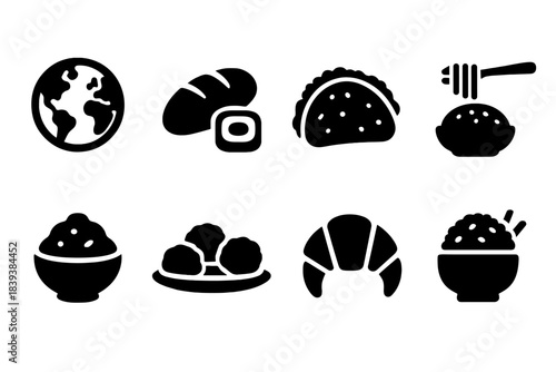 Food and cuisine silhouette icon set. Diverse culinary symbols in solid style