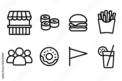 Food and drink line icon set. Fast food, snacks, beverage, restaurant, minimal style