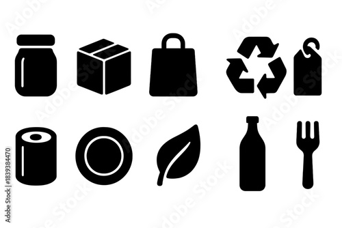 Eco-friendly, sustainable silhouette icon set. Green lifestyle and recycling icons collection