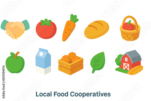 Local food cooperatives icon set. Farm, organic produce, flat style icons collection