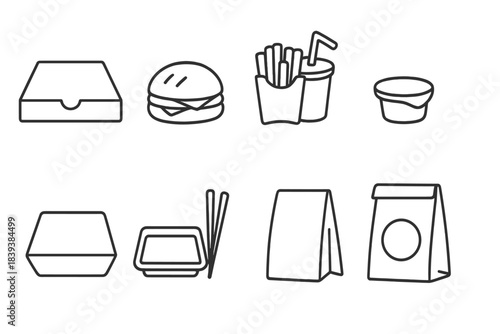 Fast food and takeaway line icon set. Burger, drink, fries, packaging collection outline