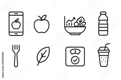 Healthy living icon set: food, nutrition, wellness icons in line style