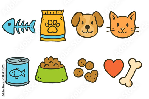 Pet care flat icon set. Dog, cat, food, supplies icons in a colorful flat style.