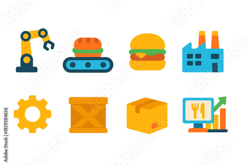 Manufacturing and industry icon set. Flat icons for factories, automation, logistics