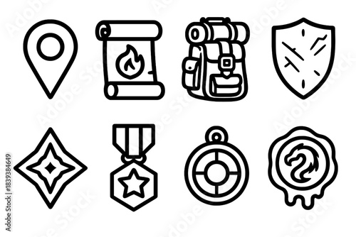 Adventurer Rank Icons. Adventurer Advancement Set linear set: novice pin, early skill scroll, mid-tier gear, hardened item, advanced symbol, hero rank badge, grandmaster token,