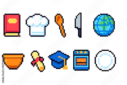 Pixel art food and education icon set. Culinary, learning, global icons pixel collection